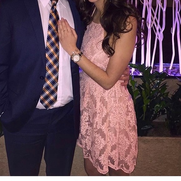 EUC Pink Lace Fit and Flare Halter High Neck Dress - Picture 2 of 4